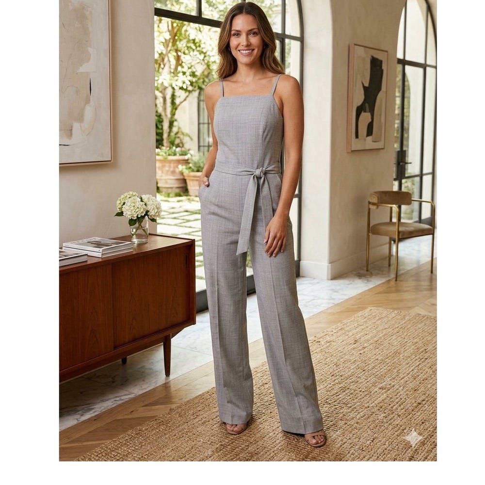 Banana Republic Gray Sharkskin Square Neck Belted Wide Leg Jumpsuit Size 4
